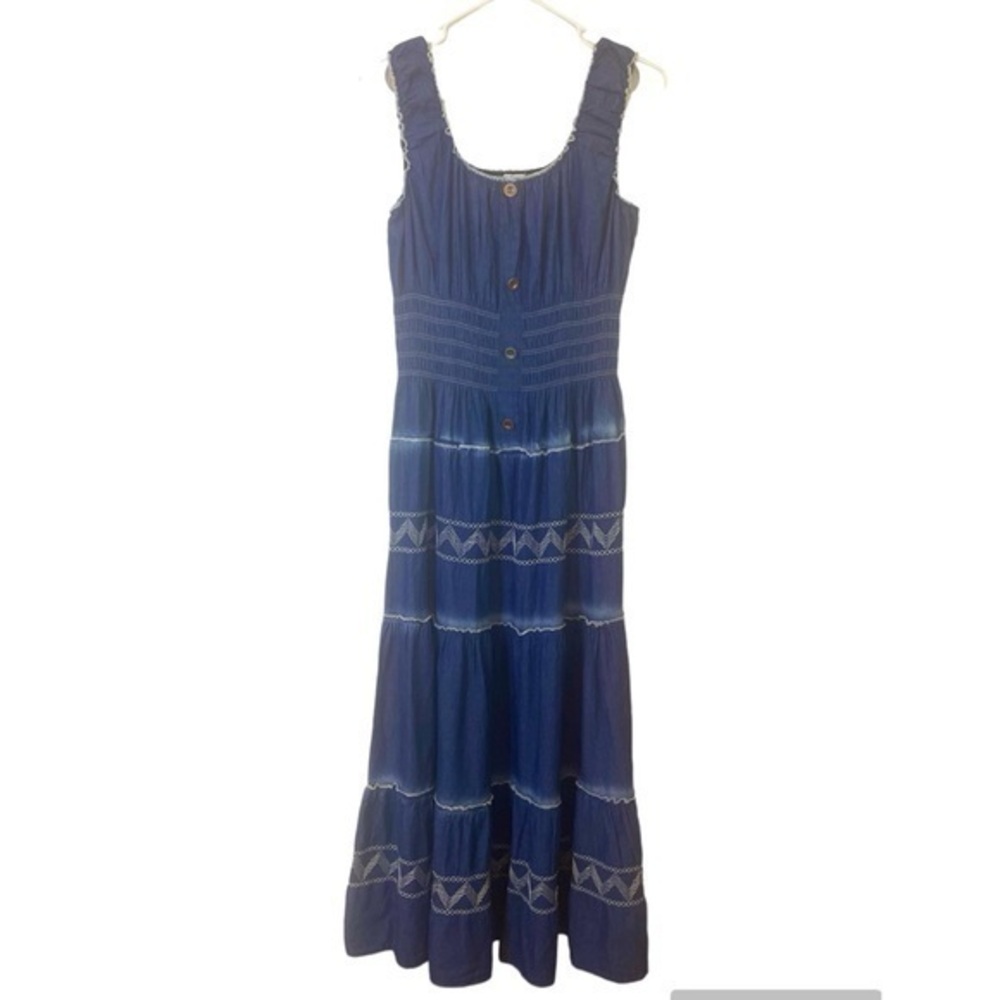 Drefbufy Smocked Denim Country Cowgirl Cottagecore Fit Flare Boho Dress XL